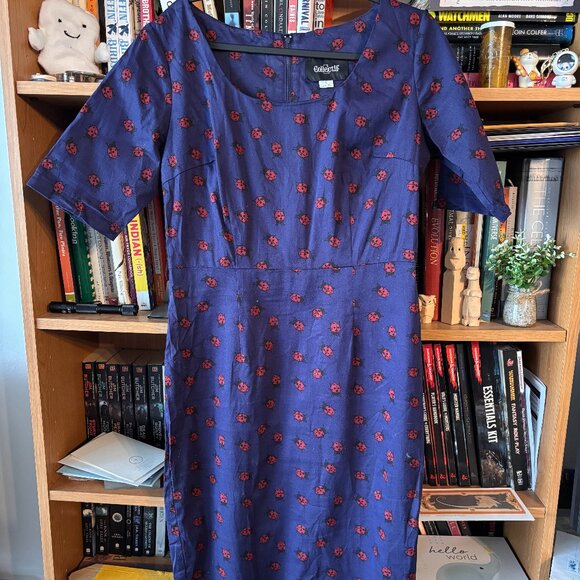 Collectif Size UK 14/ US 10 Blue Pencil Dress with Lady Bugs - Picture 1 of 6